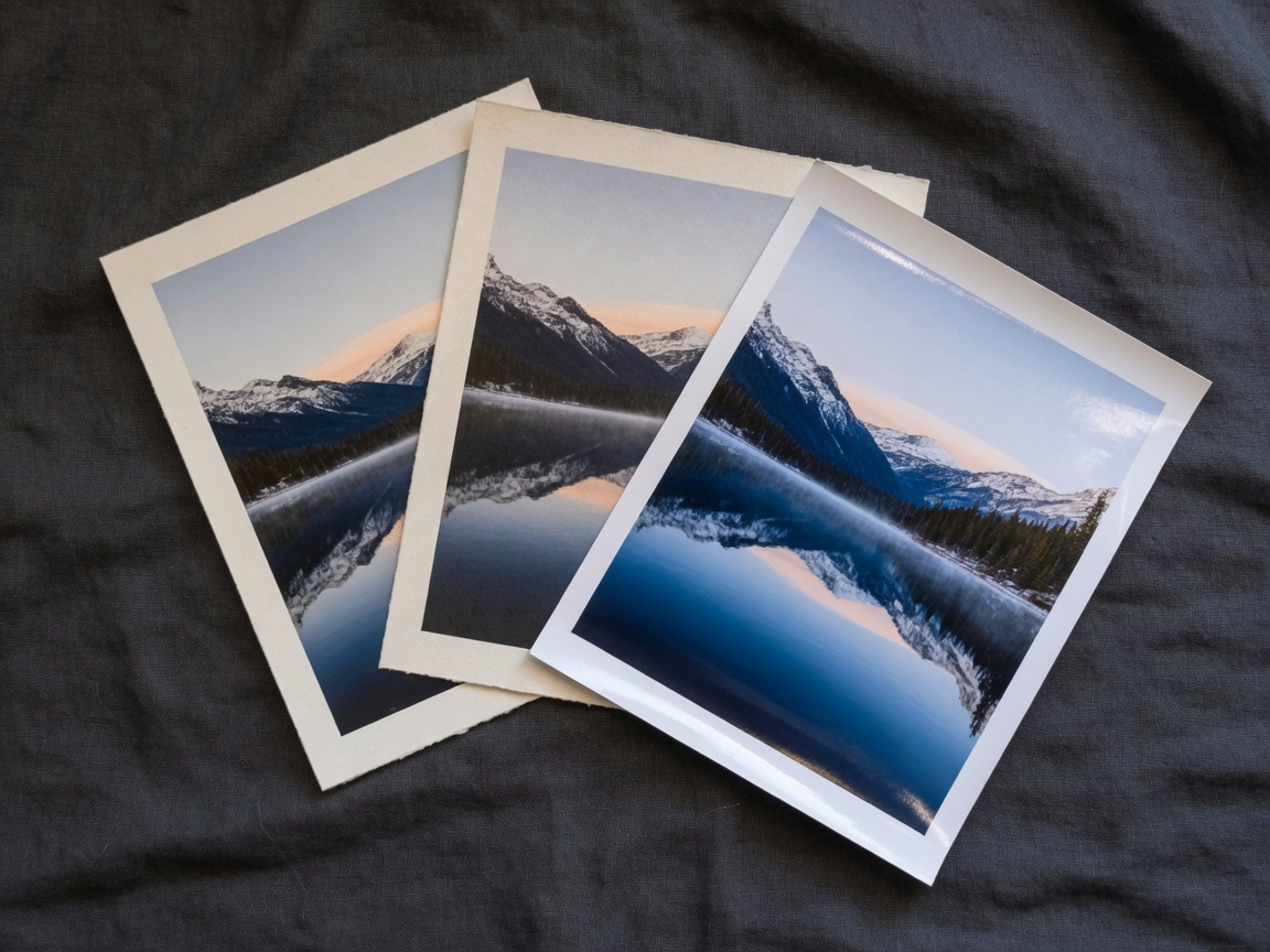 Three prints of the same mountain lake on different papers.