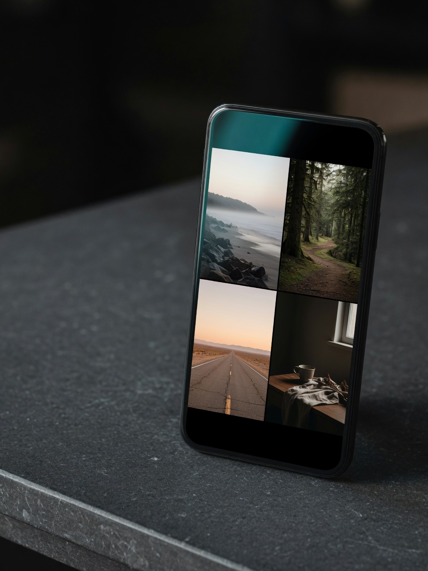 A phone on a dark stone surface showing a four-photo gallery grid.