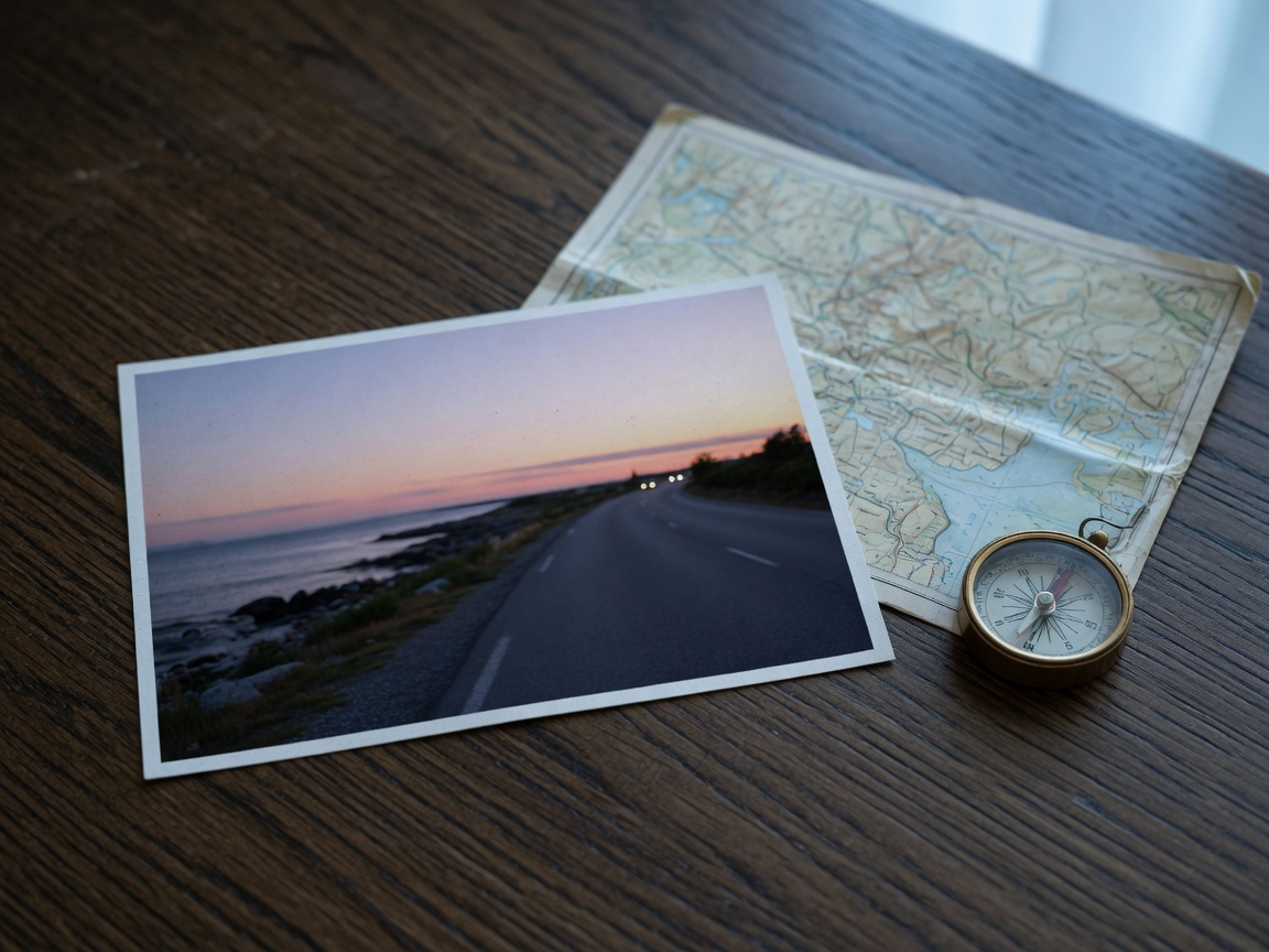 A coastal photograph beside a folded map and a compass.