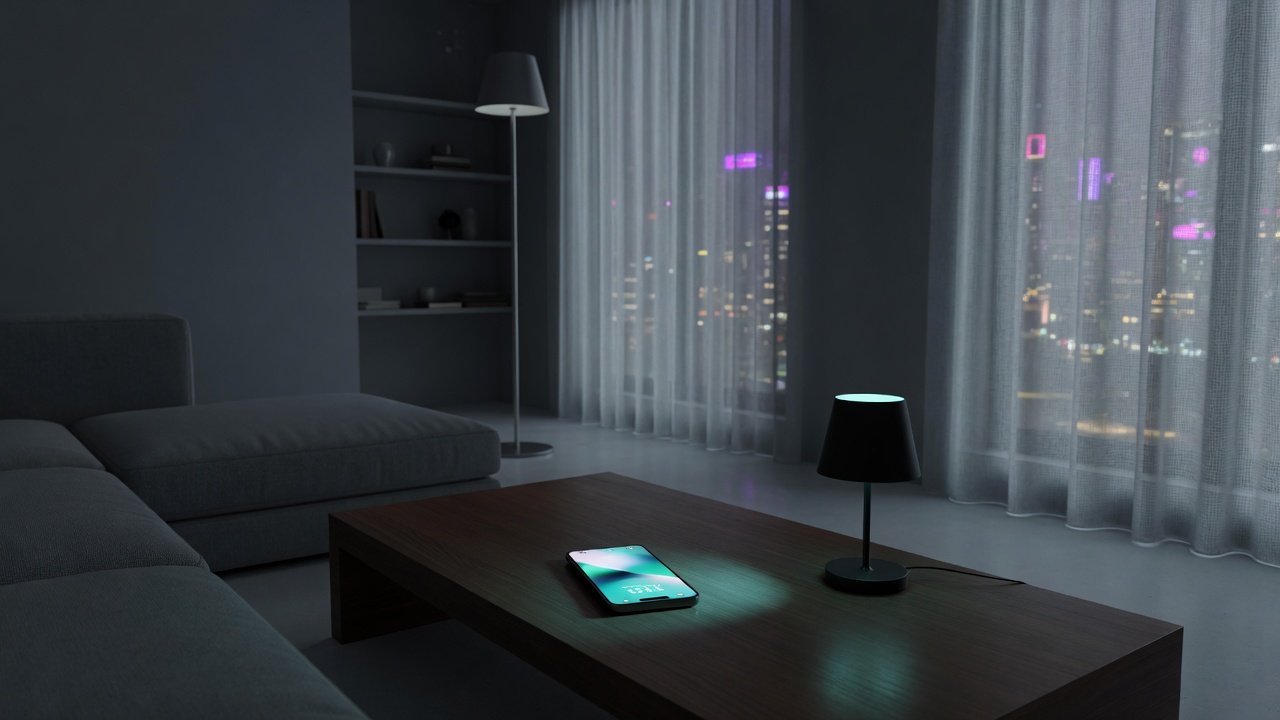 A dim apartment at night with a phone glowing on a low table.