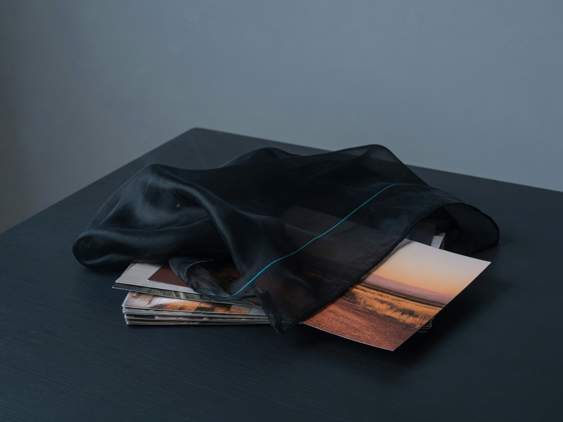 Printed photographs partly hidden under a black silk veil.